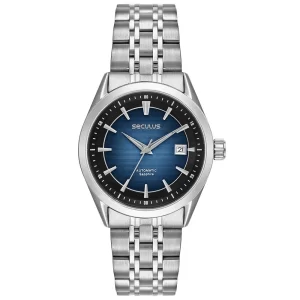 Relógio Automático Masculino Prata Aço Mostrador Azul Calendário