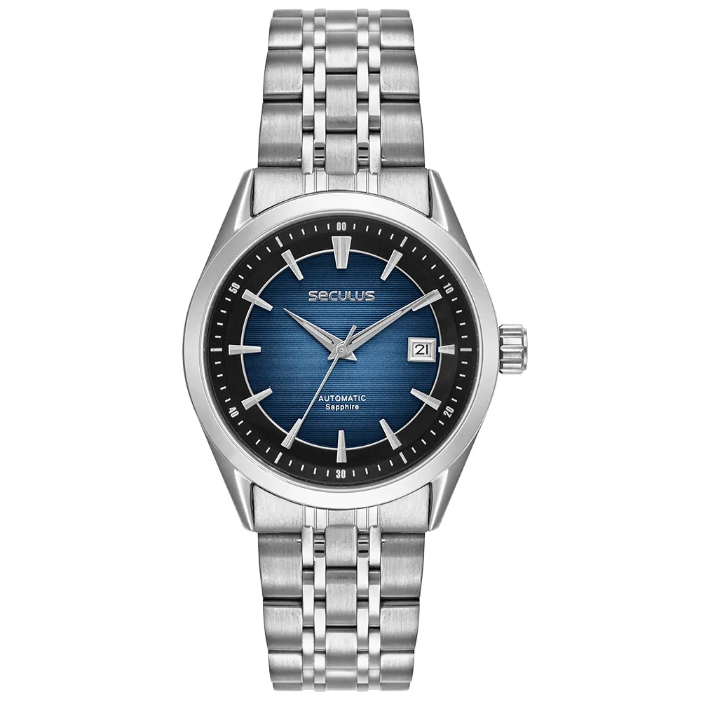 Relógio Automático Masculino Prata Aço Mostrador Azul Calendário